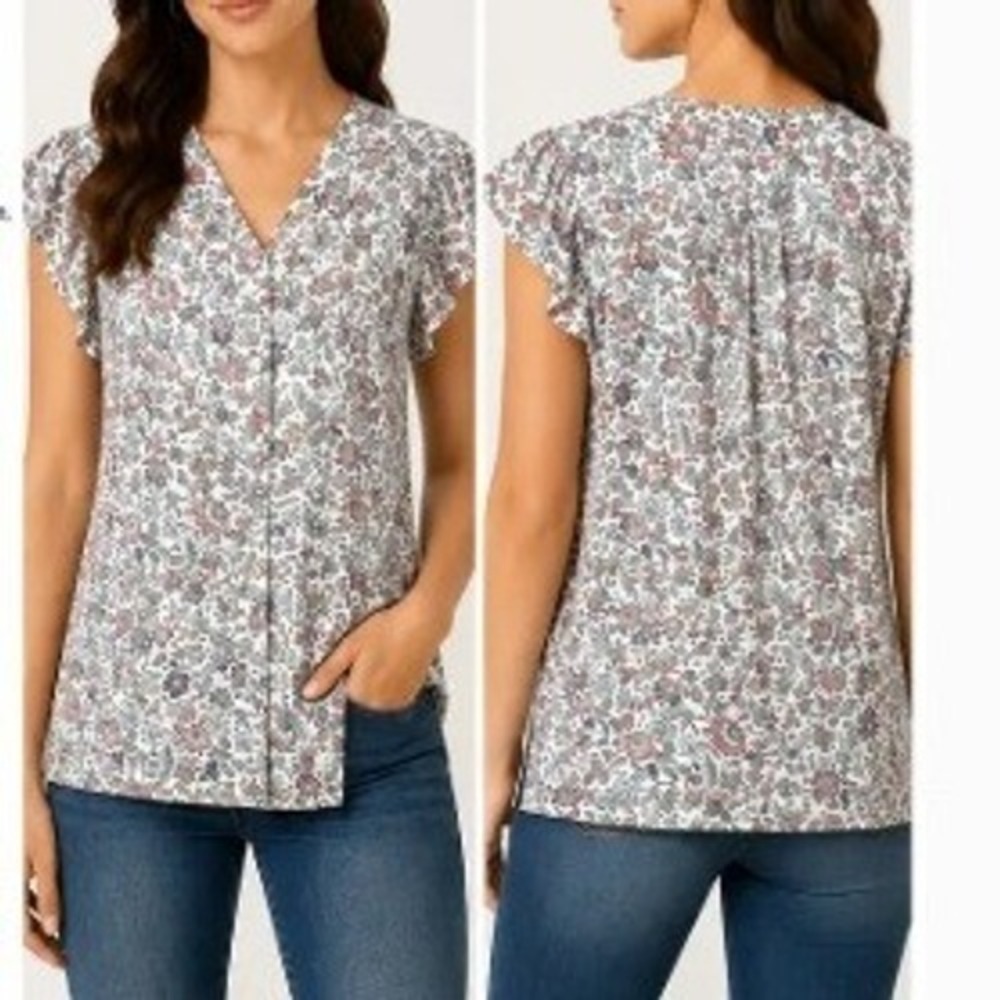 Loft Womens Size Large Blouse Short Flutter Sleeve Button Front Floral Butterfly
